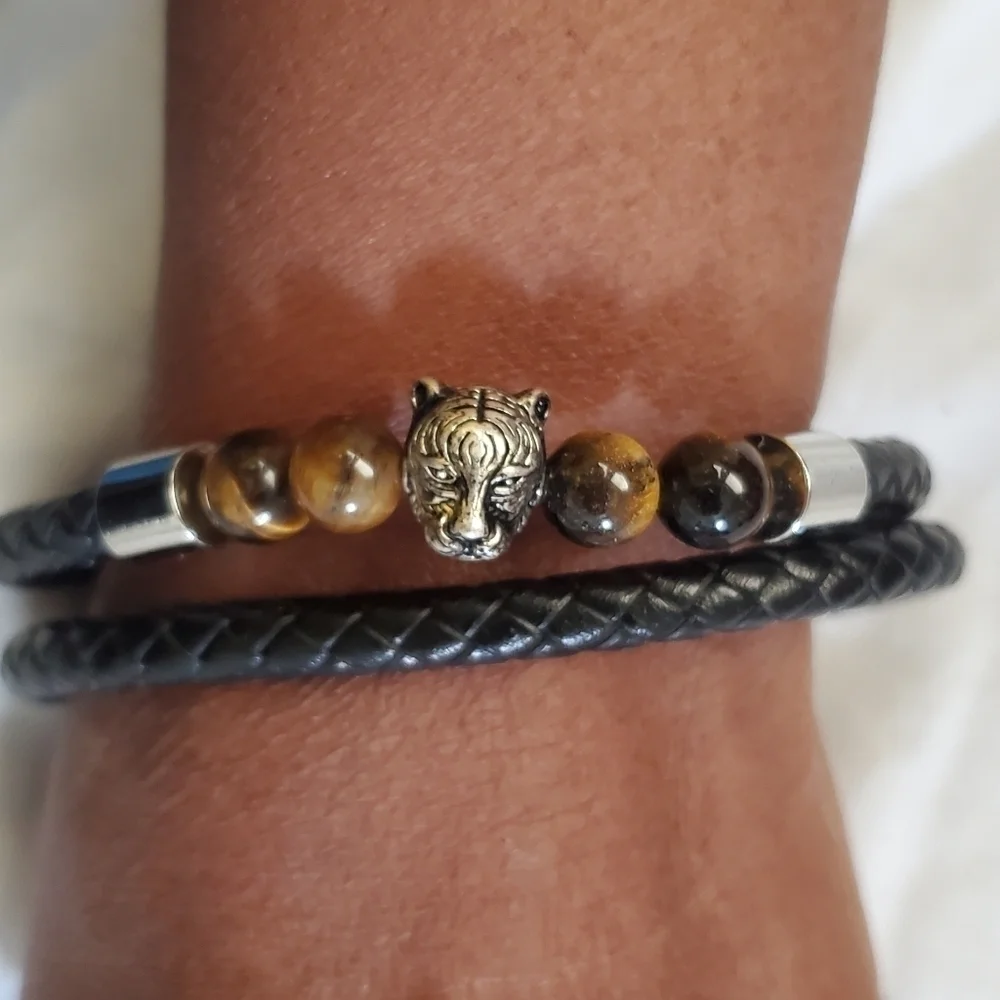 Genuine Leather Tiger's Eye Stainless Steel Panther Bracelet